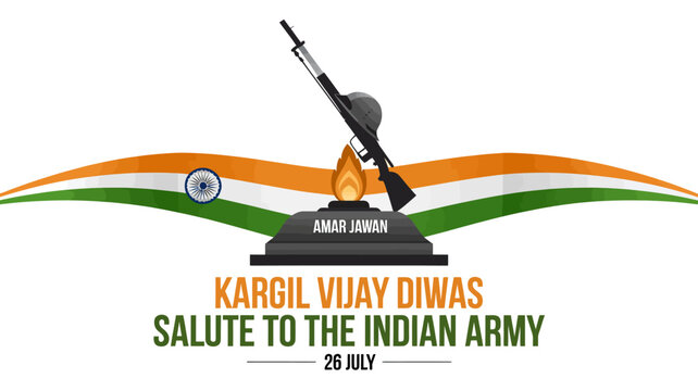 Kargil Vijay Diwas tribute banner with Amar Jawan eternal flame memorial and Indian flag tricolor ribbon on isolated white background