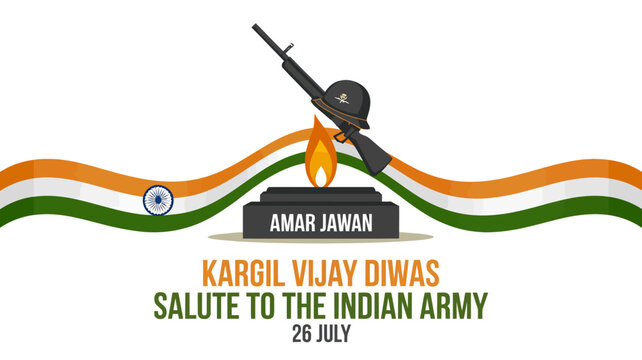 Kargil Vijay Diwas tribute banner with Amar Jawan eternal flame memorial and Indian flag tricolor ribbon on isolated white background