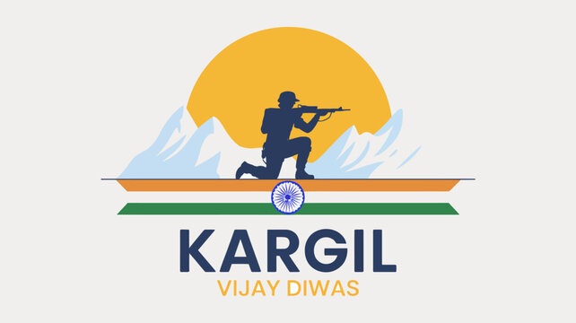 Kargil Vijay Diwas commemorative banner with soldier silhouette and snow mountains over Indian flag tricolor ribbon on white background