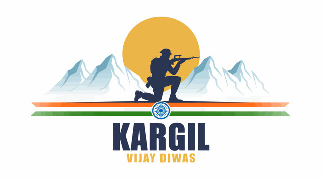 Kargil Vijay Diwas commemorative banner with soldier silhouette and snow mountains over Indian flag tricolor ribbon on white background