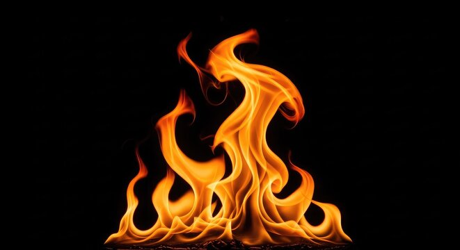 Vibrant orange and yellow fire flames dancing and flickering against a solid deep black background. Dynamic heat patterns with glowing embers, abstract, red, embers