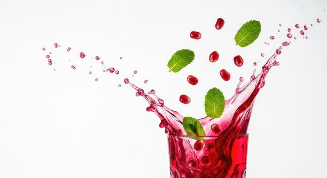 Vibrant red pomegranate juice splashes from a glass with flying seeds and fresh green mint leaves against a bright and clean background, garnish, fruit, gourmet