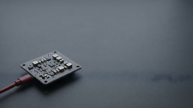 Mini motherboard with components and red cable on dark surface