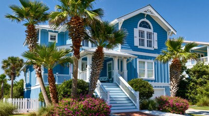 Fototapeta premium Blue beach cottage exterior blending with tropical palm trees