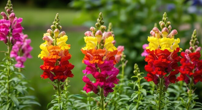 Vibrant snapdragon flowers with towering colorful spikes bloom under the bright summer sun in a lush green backyard garden setting, orange, annual, horticulture