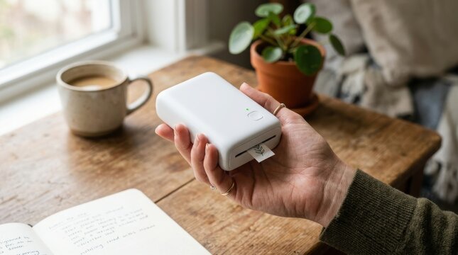 Woman holding portable thermal printer printing sticker with leaf icon. Compact wireless label maker for journaling and scrapbooking. Creative hobby and stationery organization technology.