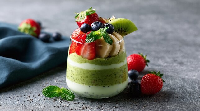 Healthy vibrant layered smoothie parfait with fresh fruits, creamy green and white layers, garnished with mint and chia seeds on a dark textured background