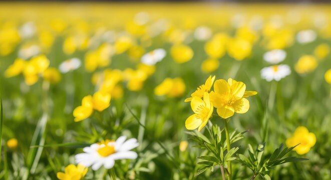Vibrant yellow and white wildflowers bloom across a lush green meadow under a bright spring sun, capturing the essence of a peaceful day, wildflowers, sunshine, leaf