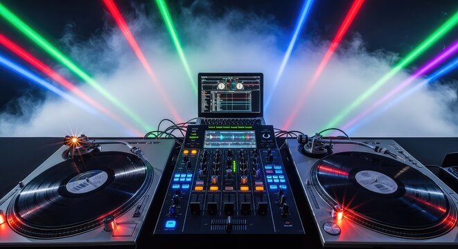Vibrant view of an active mixing console and spinning turntables on a concert stage illuminated by colorful strobe lights and thick fog, controls, speakers, mixer
