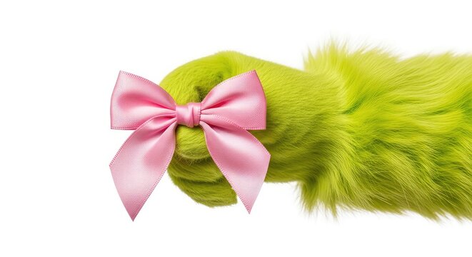 Whimsical lime green furry hand holding a delicate pink satin bow, festive holiday aesthetic, isolated white background, vintage clipart, pink, lime green, clipart