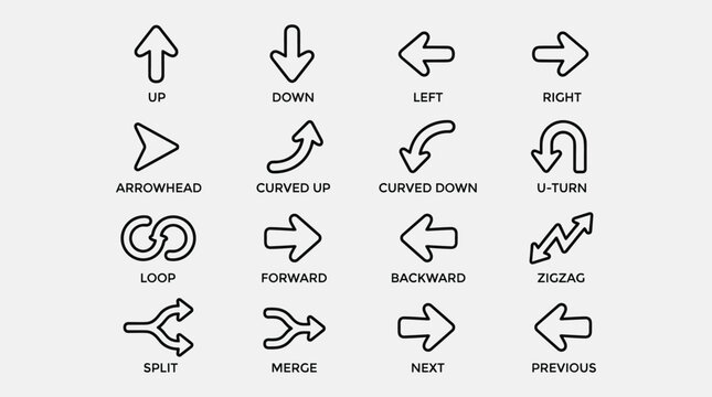 Directional arrow icons set line art style with up down left right arrowhead curved turn loop forward backward zigzag split merge next previous button shapes.