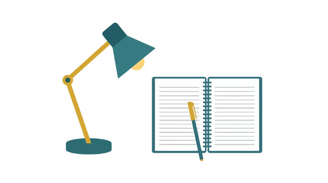 A desk lamp illuminates an open notebook and pen, symbolizing study and hard work