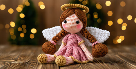 Fototapeta premium Charming Handcrafted Crochet Angel Figurine Sits Serene on Rustic Wooden Surface with Festive Bokeh Lights in Background, Evoking Warmth and Holiday Cheer