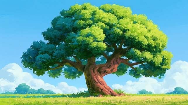 Vibrant cartoon-style landscape featuring a magnificent solitary tree with lush green foliage under a clear blue sky, casting tranquil shadows across a sunny meadow with fluffy white clouds in the dis