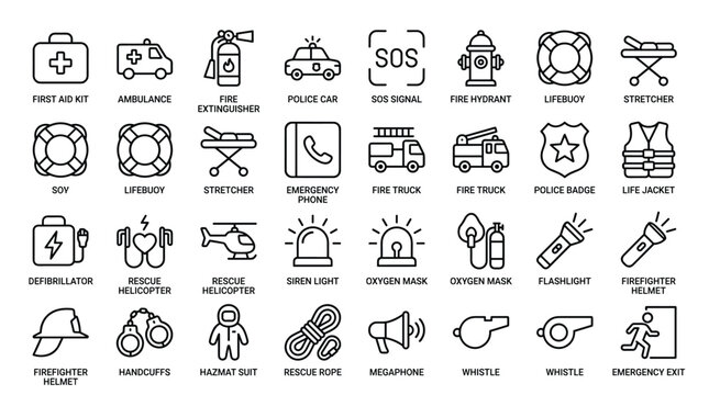 Emergency service set includes first aid ambulance police car fire truck stretcher oxygen mask tools and equipment for disaster response rescue and safety signs.