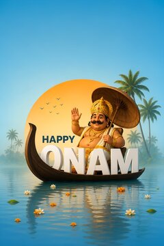 Happy Onam 3D Maveli King in Traditional Kerala Boat | Tropical Festival Greeting Poster Illustration