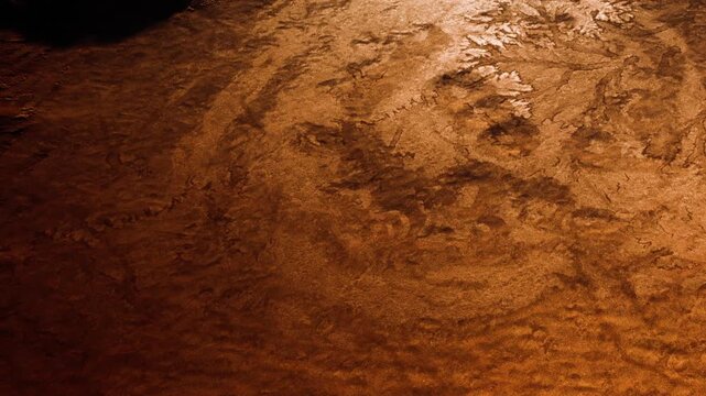 Mars surface displays a varied texture of rocks and soil under sunlight. The scene shows a barren landscape with warm tones, highlighting the planets geological features.