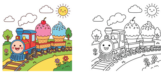 Naklejka premium Cute cartoon train carrying ice cream cones vector illustration, color and black and white outline coloring page for kids, education sheet template.