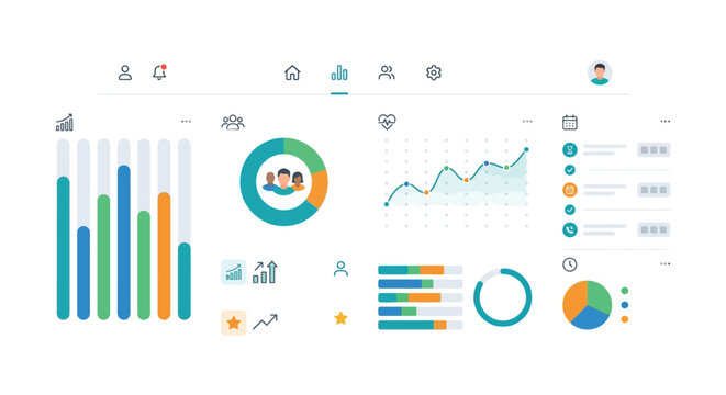 Data analytics dashboard interface with charts graphs and user profile elements