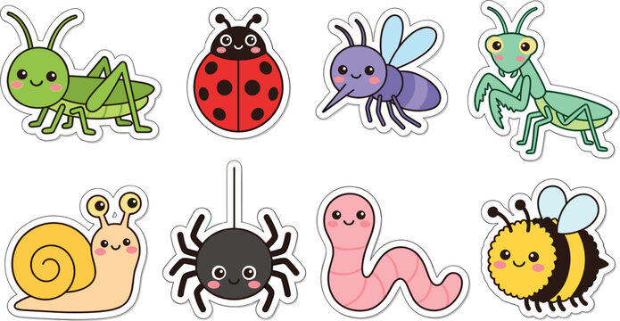 Cute Kawaii Garden Insect Sticker Set Featuring Smiley Grasshopper, Ladybug, Mosquito, Praying Mantis, Snail, Spider, Worm, and Honey Bee Cartoon Elements