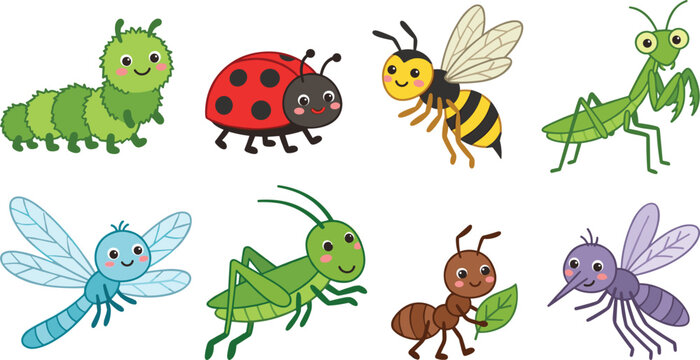 Cute Kawaii Garden Insect Character Set Featuring Smiley Caterpillar, Ladybug, Honey Bee, Praying Mantis, Dragonfly, Grasshopper, Ant, and Mosquito Cartoon Icons