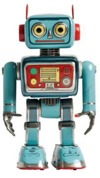 Retro mechanical robot toy with control panel  isolated on white transparent background