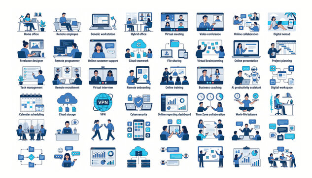 Professional collection of flat vector icons for digital business teamwork and modern remote working environments with business technology teamwork collaboration management illustration