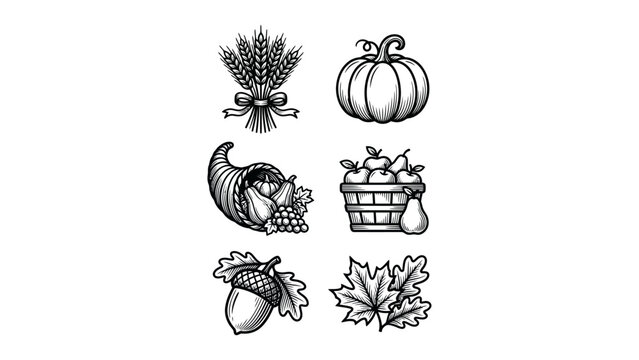 Thanksgiving harvest and traditional autumn icon set, cornucopia wheat pumpkin and fruit basket elements, for seasonal greeting card design, vintage engraving style , stock vector
