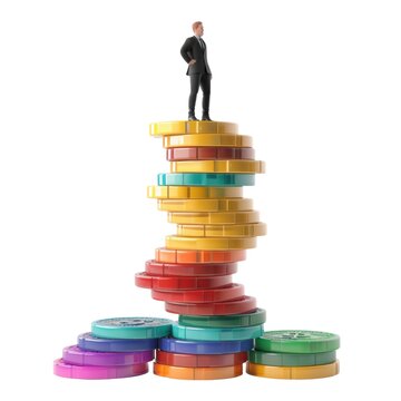 Businessman standing on top of stacked colorful coins isolated on white transparent background