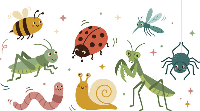 Cute Boho Cartoon Garden Insect Element Pack Featuring Honey Bee, Ladybug, Grasshopper, Mosquito, Praying Mantis, Spider, Snail, and Worm Characters with Sparkles