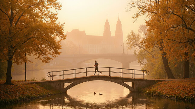 A jogger crossing a small pedestrian bridge over a sidearm of a river in front of a church. Soft foggy autumn light. Backlit