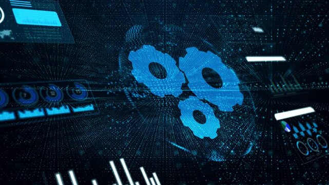 abstract futuristic automation technology background with glowing digital gear cogs and hud analytics dashboard.