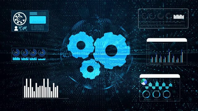 abstract futuristic automation technology background with glowing digital gear cogs and hud analytics dashboard.