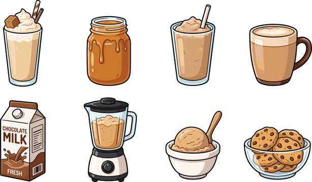 Milkshake and sweet coffee ingredients set, chocolate milk carton, blender, cookies bowl vector illustration