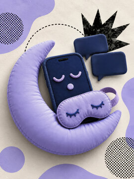 Bedtime digital detox and healthy sleep routine banner showing an inflatable smartphone shutdown at night