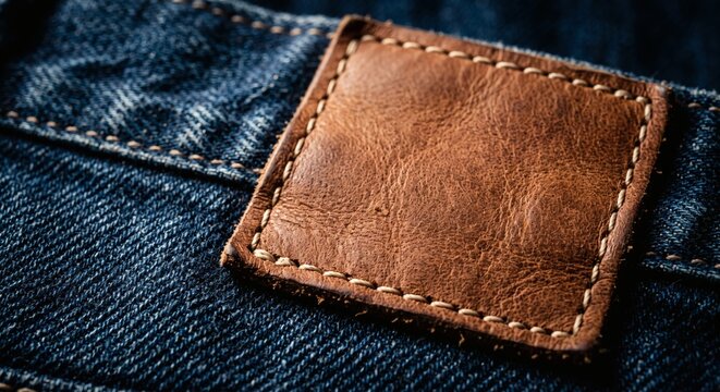 Blank square brown leather patch mockup stitched on dark blue denim jeans