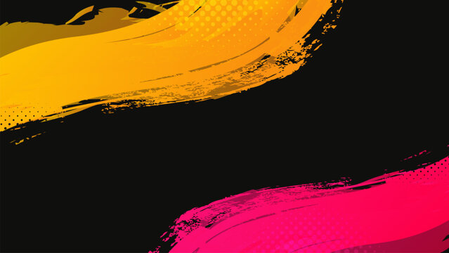 Abstract grunge background with yellow and red brush strokes, black copy space and halftone dot texture. vector illustration.