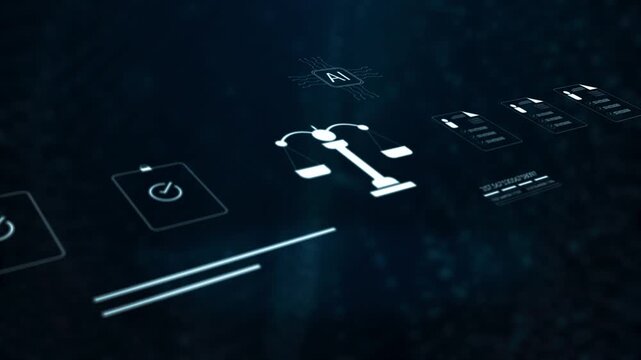 law scales icon with AI and policy document symbols. Concept of artificial intelligence governance, digital ethics, legal compliance, and corporate regulations.