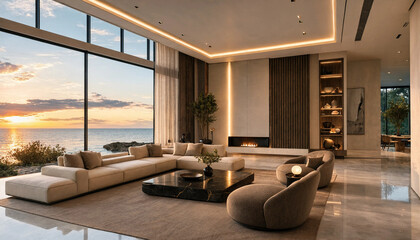 Fototapeta premium Upscale contemporary living room with large glass overlooking tropical ocean sunset coffee table cove lighting real estate high end luxury living interior ocean view contemporary