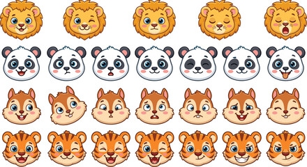 Fototapeta premium Cute Animal Avatar Face Set with Lion, Panda, Squirrel, and Tiger Expressions for Kids Stickers, Emotional Education, and Cartoon Graphic Designs