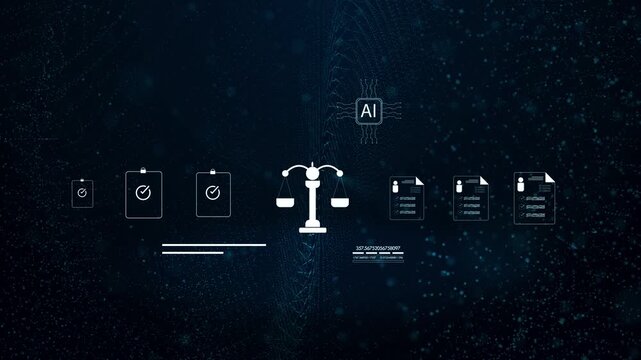 law scales icon with AI and policy document symbols. Concept of artificial intelligence governance, digital ethics, legal compliance, and corporate regulations.