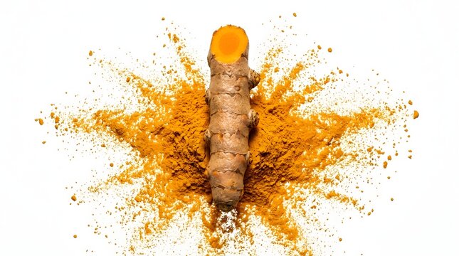 Fresh turmeric root on vibrant orange powder splash, organic curcuma longa rhizome, raw spice for healthy cooking and herbal medicine