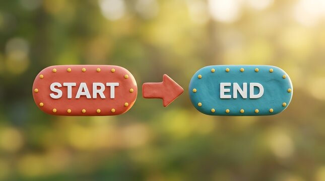 Start and end buttons with arrow, clay style progress concept, red and blue plasticine icons on blurred nature background