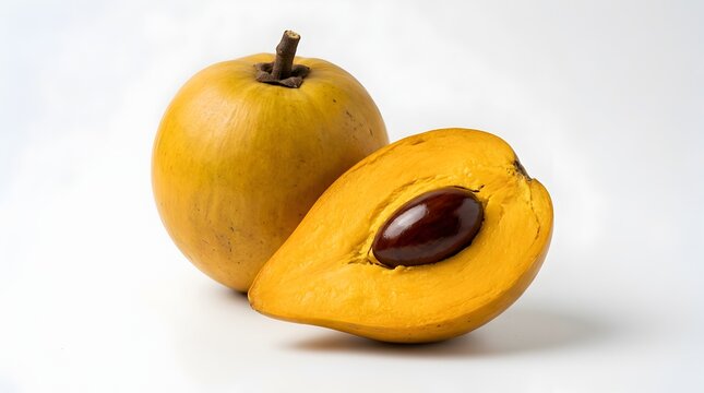 Fresh canistel fruit on white background, whole and halved yellow eggfruit with seed, tropical pouteria campechiana for healthy food concepts