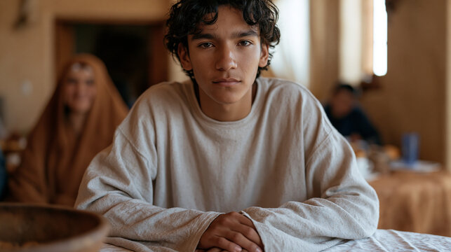 Roma teenager caught between a family gathering using traditional customs and a school presentation preparation spread on the same table, both demanding equal presence, cultural