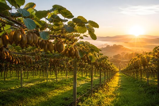 kiwi orchard during sunrise, peaceful agricultural landscape