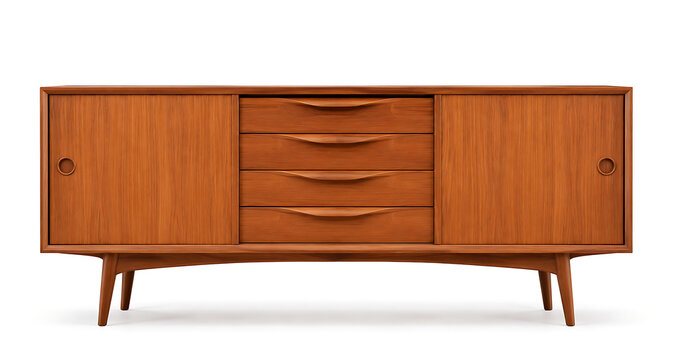 Mid-century modern teak sideboard, vintage wooden credenza with drawers and sliding doors, retro scandinavian style buffet cabinet for home interior isolated on White Background ai