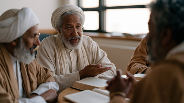 Interfaith dialogue workshop in a community center meeting room where a rabbi, an imam, and a Hindu pandit sit together around a circular table covered in comparative religious
