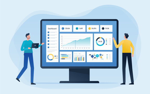 Business Analytics Dashboard with Data Visualization and Performance Monitoring Illustration, performance charts financial statistics, and reporting interface
