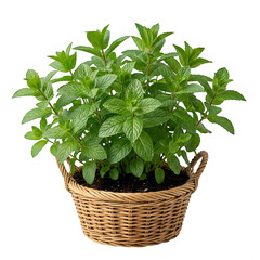 Naklejka premium Fresh green mint plant growing in a small wicker basket